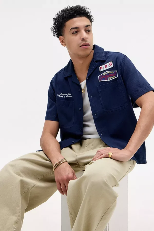 urbana style Navy Badge Mechanic Shirt